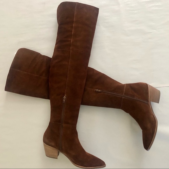 Steve Madden Lucca Pieced Suede Over the Knee Stacked Heel Boot, Cognac 9.5 - Picture 6 of 12